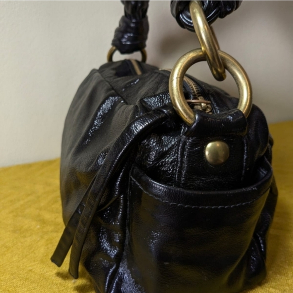 🍍Coach Shimmering Black Shoulder Bag Leather Knotted Handle Side Pockets - Picture 7 of 9